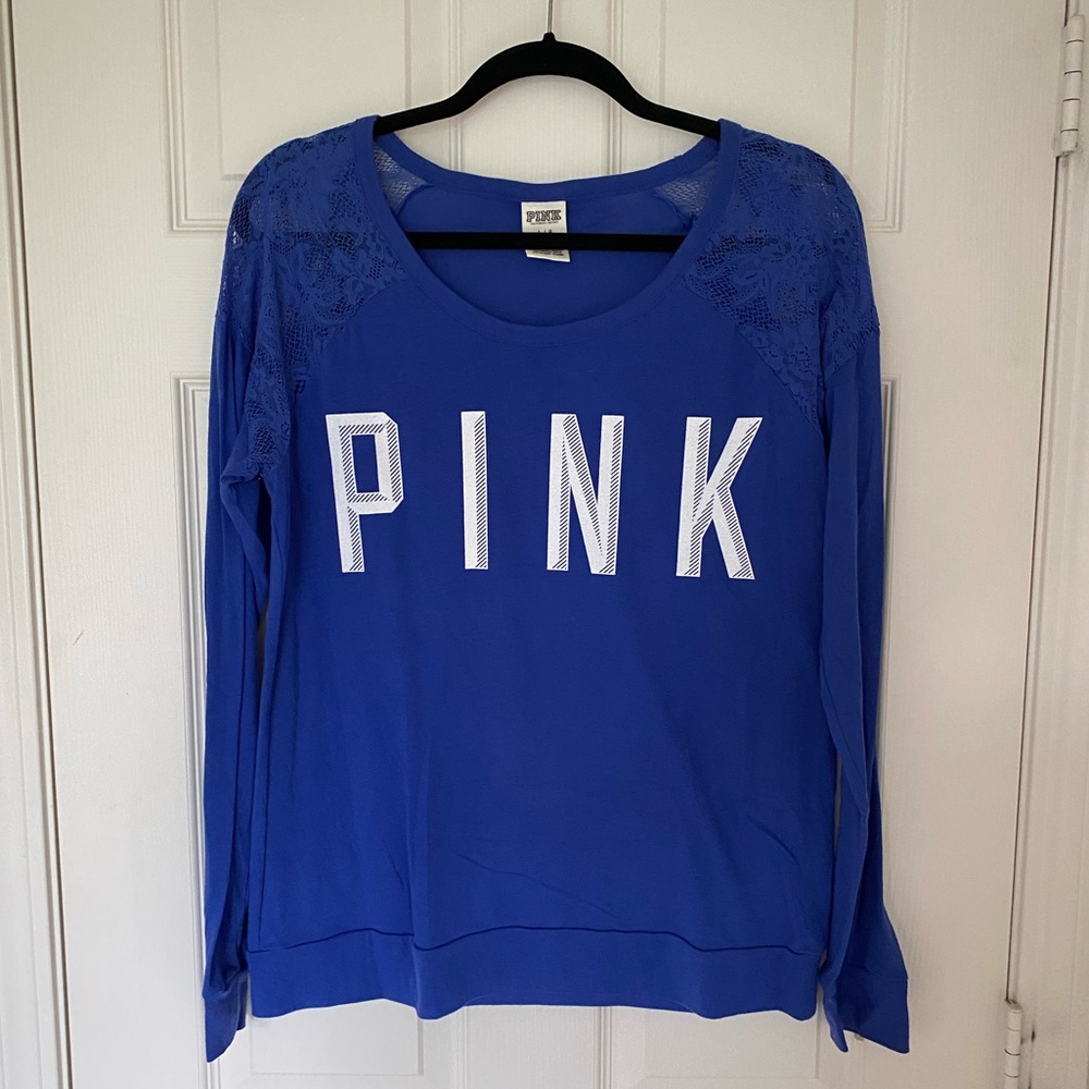 PINK Victoria's Secret Royal Blue Lace-Shoulder Long Sleeve Top